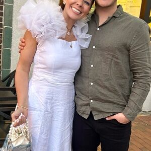 White linen dress with tulle sleeves